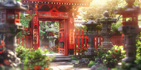 Fototapeta premium Japanese Garden with Red Torii Gate and Stone Lanterns