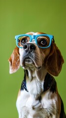 : A curious Beagle with round, blue-framed glasses, sitting attentively against a solid green background. The glasses enhance the dog???s inquisitive nature.