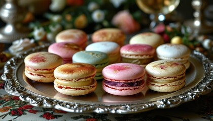 Fototapeta premium Luxurious Macaron Display on Ornate Serving Tray