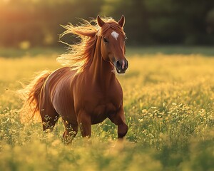 Obraz premium Brown mare cantering across lush green field sunlight catching its mane vibrant farm scene