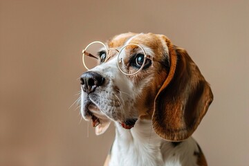 : A curious Beagle with round, brown-rimmed glasses, sitting alertly against a solid beige background. The glasses enhance the dog???s thoughtful and attentive expression.