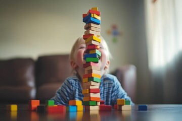 Child excitedly builds colorful block tower.