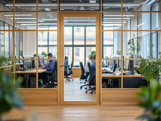 Modern office workspace with professionals engaged in collaborative activities during the day