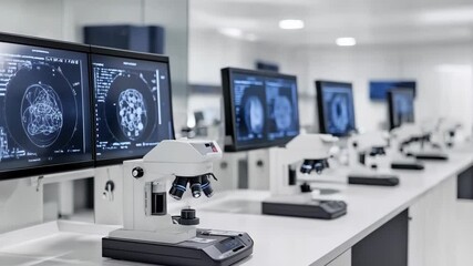 Monitors in laboratory showing data analysis process. Medical research and science concept. Medicine and healthcare of the future. Monitoring system