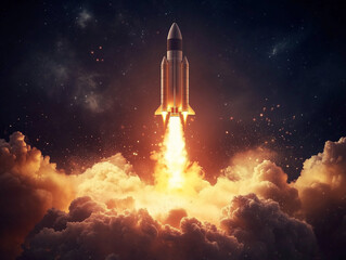 Rocket launches into the night sky surrounded by clouds and flames