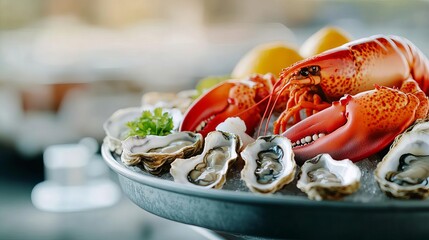 A gourmet seafood platter with lobster and oysters, promoting indulgence, oceanic luxury