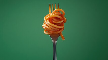 A fork with a twirl of spaghetti against a green background. Perfect for food blogs, recipe websites, and culinary magazines.