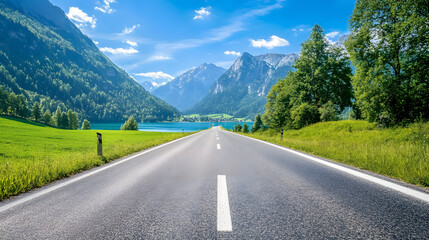 Naklejka premium An asphalt road in the Austrian Alps on a summer day.