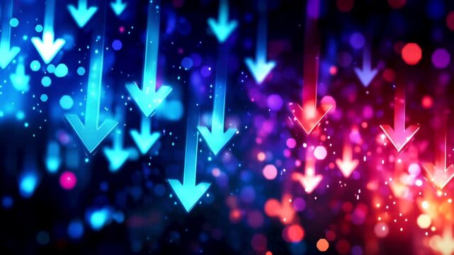 Glowing arrows descending in a vibrant and colorful abstract background symbolizing decline, challenges, and the dynamic flow of change