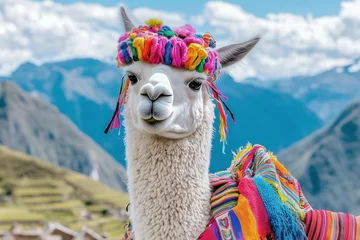 Gordijnen Colorfully dressed llama in scenic landscape with mountains and fields. © Poj