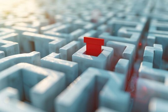 Aerial shot of a red paragraph symbol at the center of a white maze, representing the concept of judgement and litigation. The symbol serves as the target at the finish line, surrounded