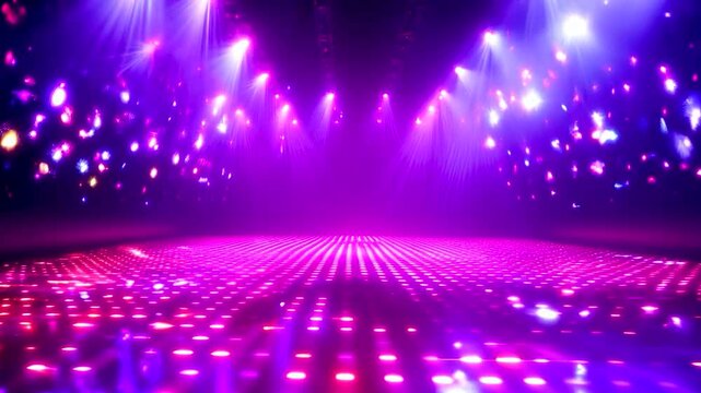 illuminated dance floor with vibrant pink and purple spotlights and dotted light patterns creating an energetic and futuristic party atmosphere