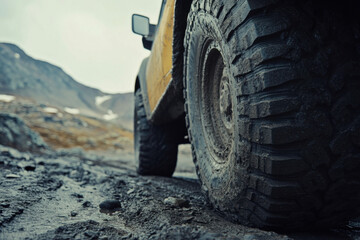 Close up off road car on mountain road. Car tire bottom view.