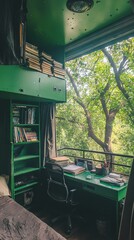 Obraz premium Cozy workspace with green decor and a view of lush trees outside.