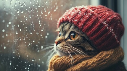Obraz premium Charming tabby cat wearing a knitted scarf and hat, gazing out of a rain-covered window. A cozy and tender depiction of a quiet moment indoors during rainy weather.. AI Generation