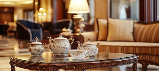 Fototapeta premium Elegant Hotel Lobby Tea Setup with Ornate Teapots and Fine China for Branding and Design Use