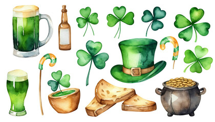 Watercolor set of st. Patrick's day elements including a leprechaun wearing a green hat, a pot of gold, a beer, cheese, shamrocks, and a rainbow, perfect for celebrating irish culture and heritage.