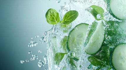   Cucumber slices, leaves, and water splash in a blue-green glass