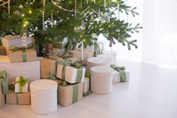 New year tree. Classic christmas New Year decorated room. Christmas tree with glass decorations. Christmas eve at home