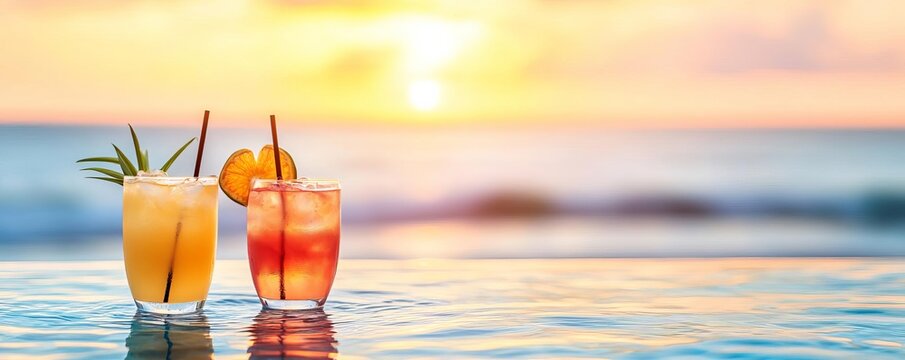Golden hour glow on an infinity pool with exotic drinks, promoting indulgence, tropical escape