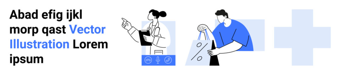Doctor conducting consultation, person carrying shopping bags, and large blue cross. Ideal for healthcare, online shopping, medical advice, e-commerce, telemedicine, digital lifestyle social media
