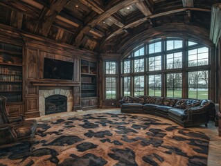 Fototapeta premium Elegant wooden library with a cozy seating area and large windows.