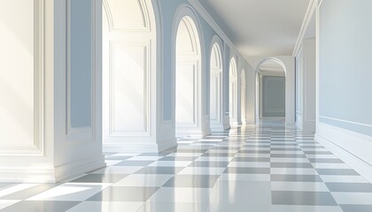 Bright And Airy Hallway With A Checkerboard Floor And Arched Windows, Classic Interior Design.