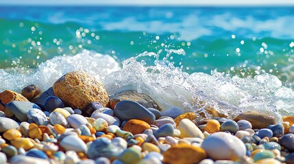   A cluster of stones resting beside a seashore and a breaker rolling onto the shoreline