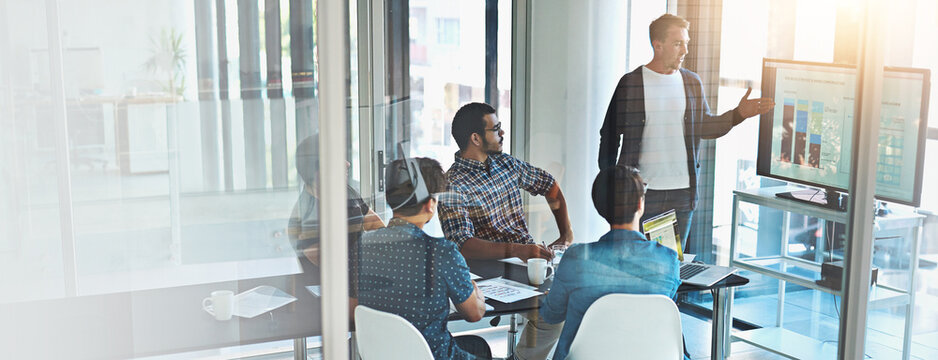 People, meeting and screen in office for business, B2B presentation or company collaboration in banner. Man speaker, tech or investors in agency for brainstorming, growth strategy or graph on display