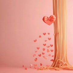 Valentine idea message with hearts and spaghetti on pink background.