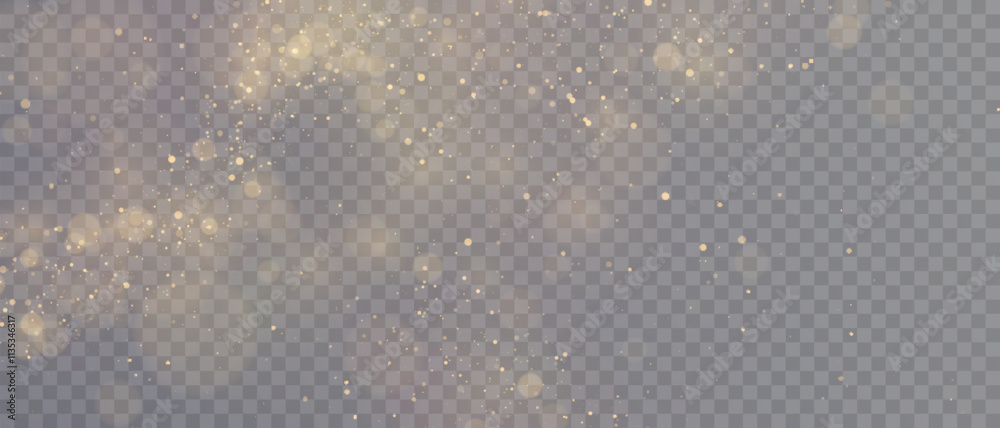 Poster Golden bright dust of light bokeh and glitter. Festive glowing bokeh and sparkles overlay texture for your design on transparent background. Golden particles abstract vector background.