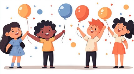 Fototapeta premium Four children joyfully celebrating with balloons at a festive gathering.