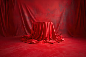 Empty podium covered by red cloth for product display