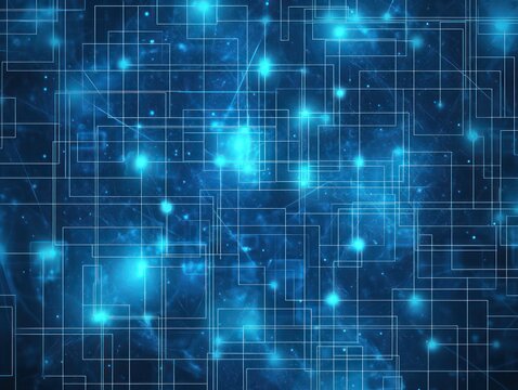 A seamless blue abstract network background, with digital nodes and squares symbolizing AI connections.
