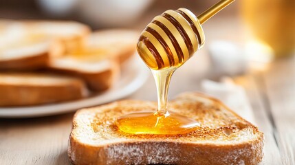 Rich honey dripping from a golden spoon onto warm toast, promoting indulgence, natural luxury