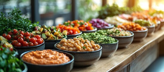 Obraz premium Vibrant healthy food buffet with various salads, dips, and chickpeas in bowls.
