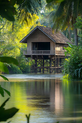 Obraz premium Tranquility and Tradition: A Timeless Water-Powered Rice Mill by the River