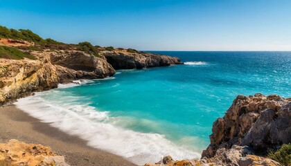 Fototapeta premium Secluded Beach Cove Fringed by Rocky Cliffs and Azure Waters Under Clear Skies