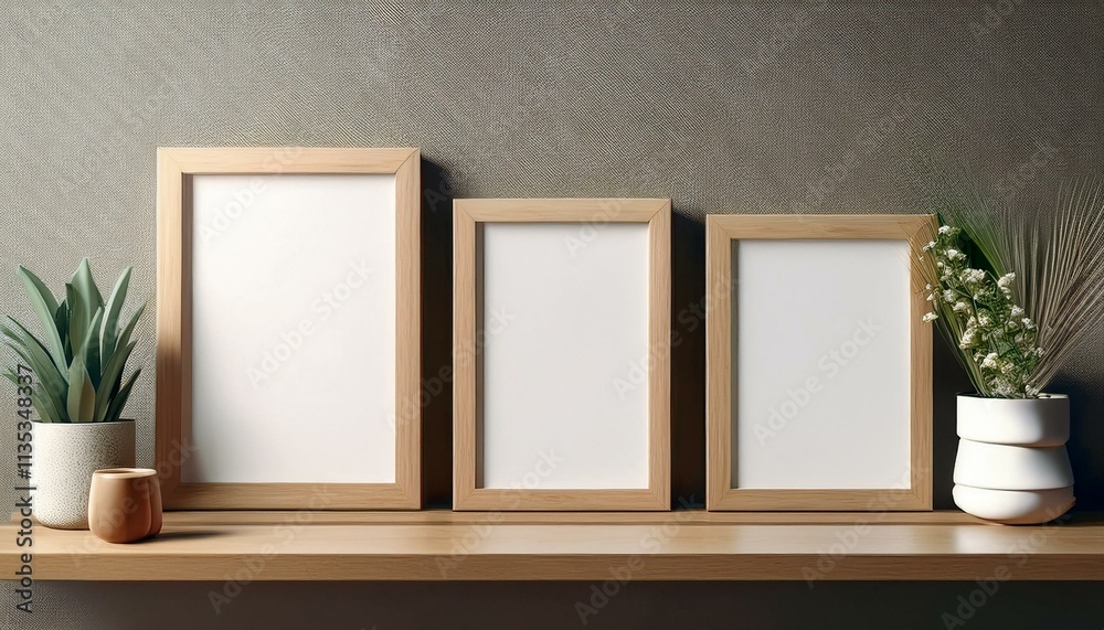 Wall mural Three blank picture frames wall art posters on a wooden shelf with decorative items mockup