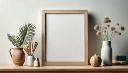 Big blank picture frame wall art posters on a wooden shelf with decorative items mockup