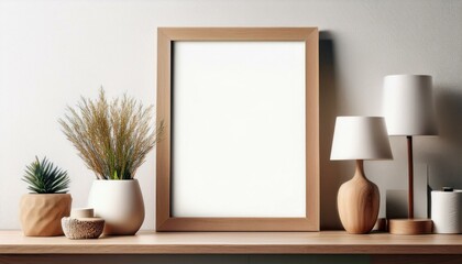Big blank picture frame wall art posters on a wooden shelf with decorative items mockup