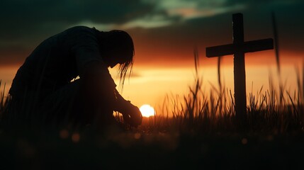 Silhouette of person praying at sunset cross.