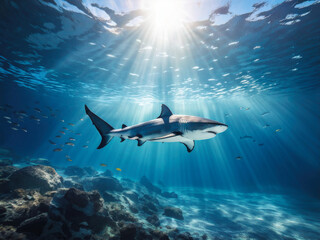 Fototapeta premium A captivating photorealistic underwater scene of a lone shark swimming gracefully in crystal-clear water, surrounded by oceanic beauty. Generative AI