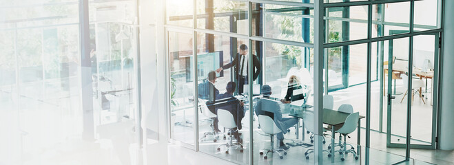 Business people, presentation and screen with team in glass boardroom for meeting, review or...