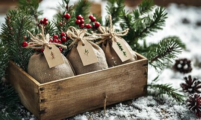 Rustic Christmas Gift Bags in Wooden Box - Powered by Adobe
