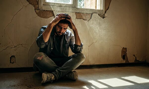Distressed man sitting in dilapidated room, holding his head