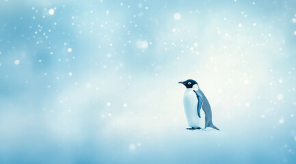 Fototapeta premium Wintery Charm: Penguin in Frosty Blue Winter Theme