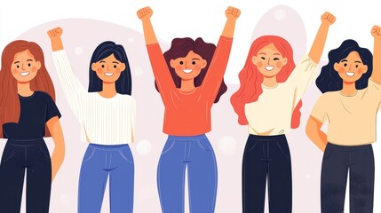 Fototapeta premium Group of diverse women celebrating with raised fists, expressing empowerment.