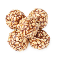 Delicious chocolate puffed rice balls isolated on white, top view