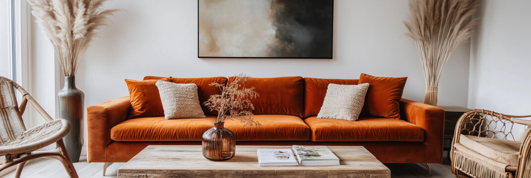 Modern living room with orange velvet sofa and natural decor
